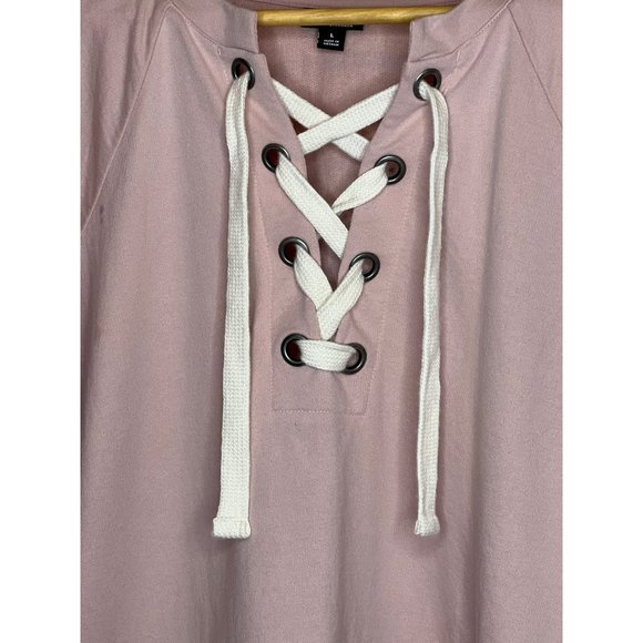 A.N.A. A new approach lace up front knit pink sweatshirt hi-lo long sleeve V-nec - Picture 2 of 8